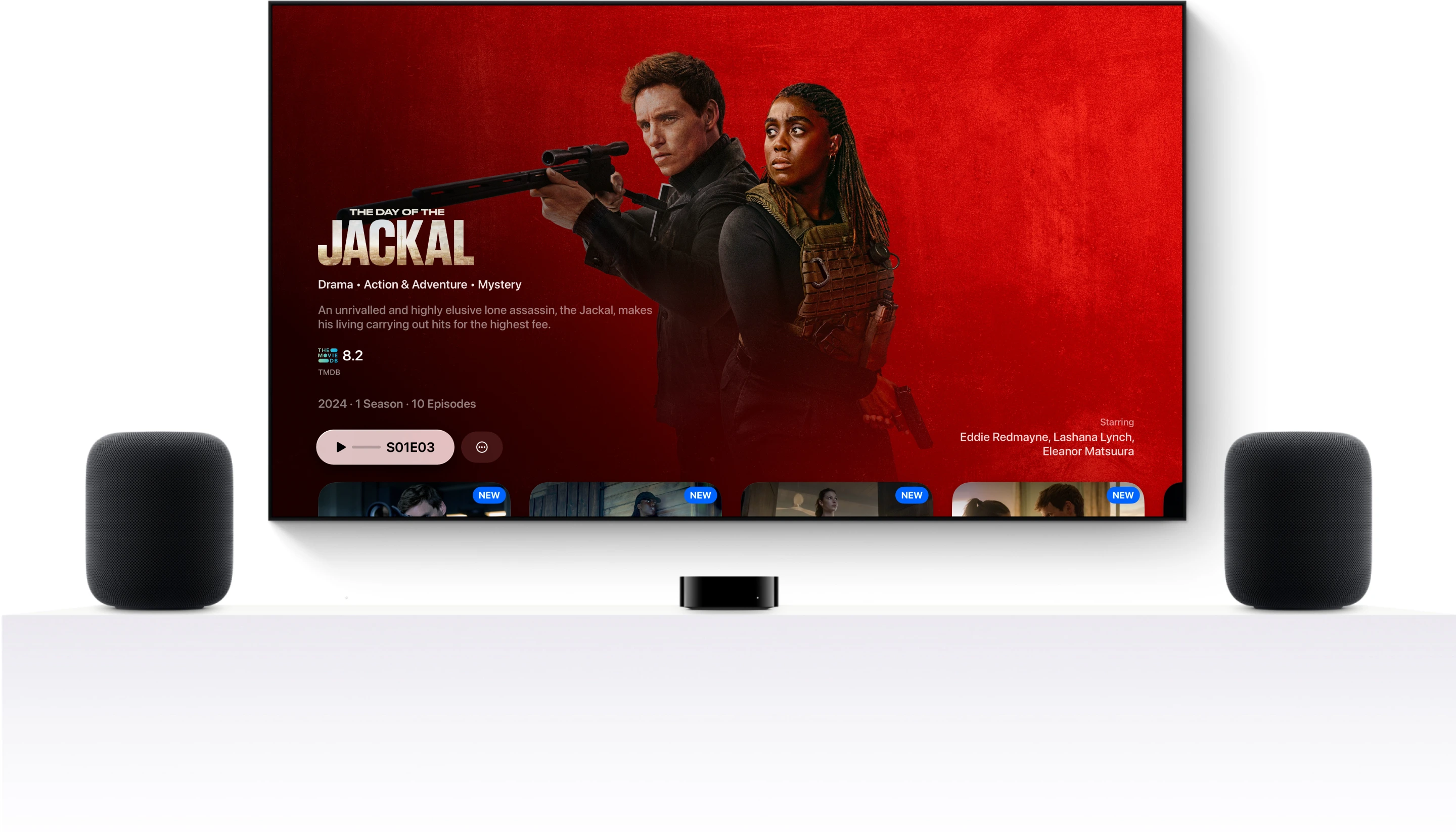 AnyTV on a living-room TV flanked by two HomePods